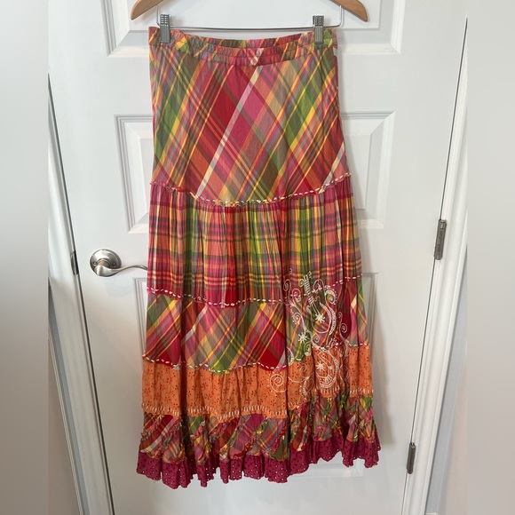 VINTAGE DOUBLE D RANCH Plaid Prairie/Maxi Skirt Embroidered Lace Trim SZ Medium - Picture 1 of 3